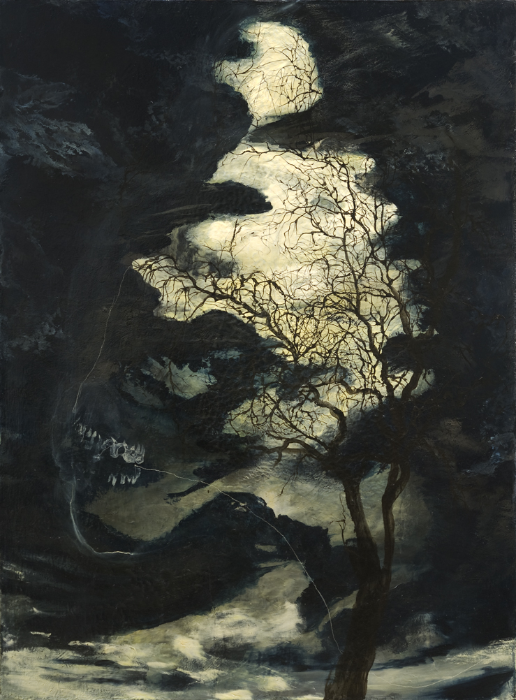 A painting of trees and rocks in the dark.