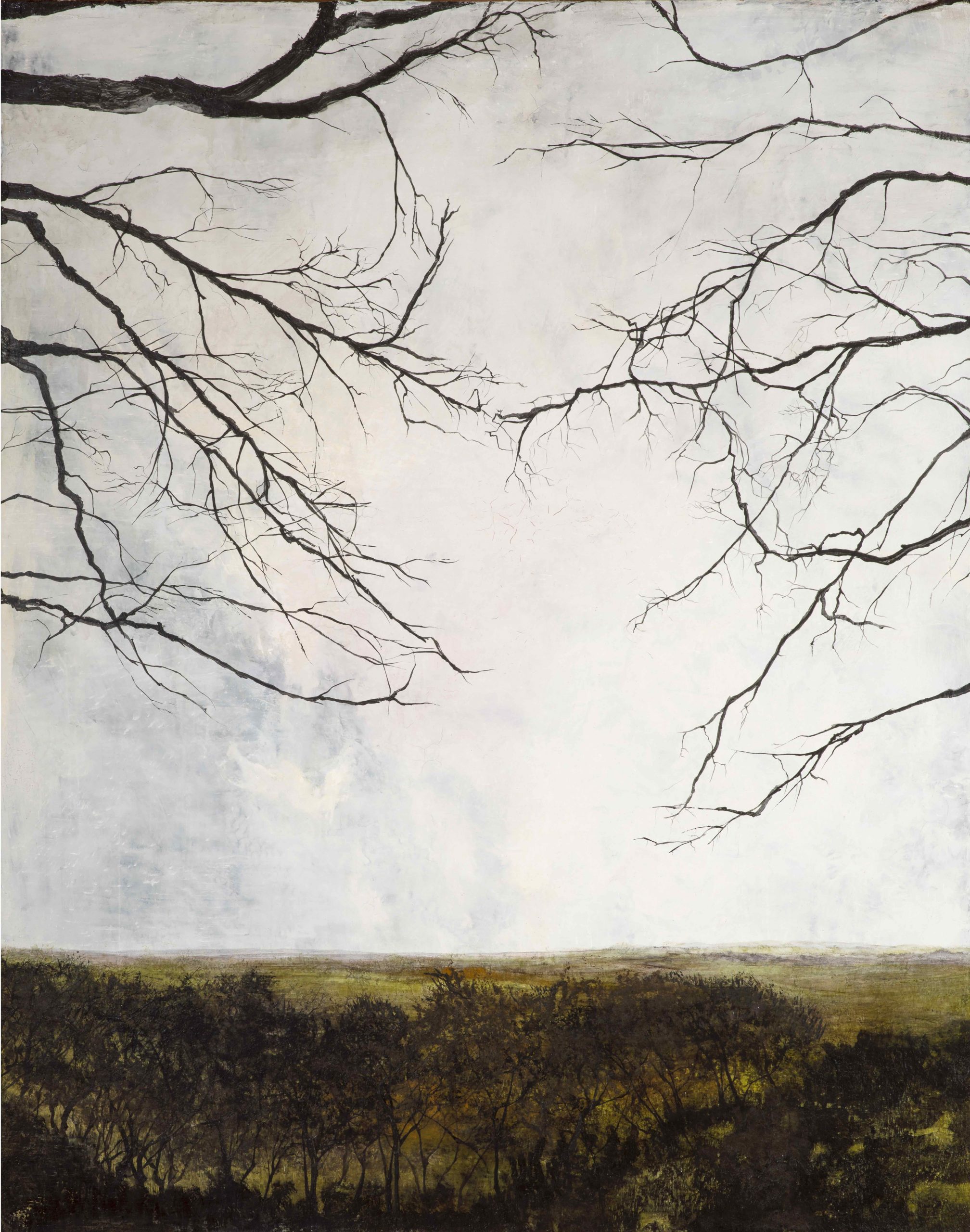 A painting of bare branches and grass in the foreground.