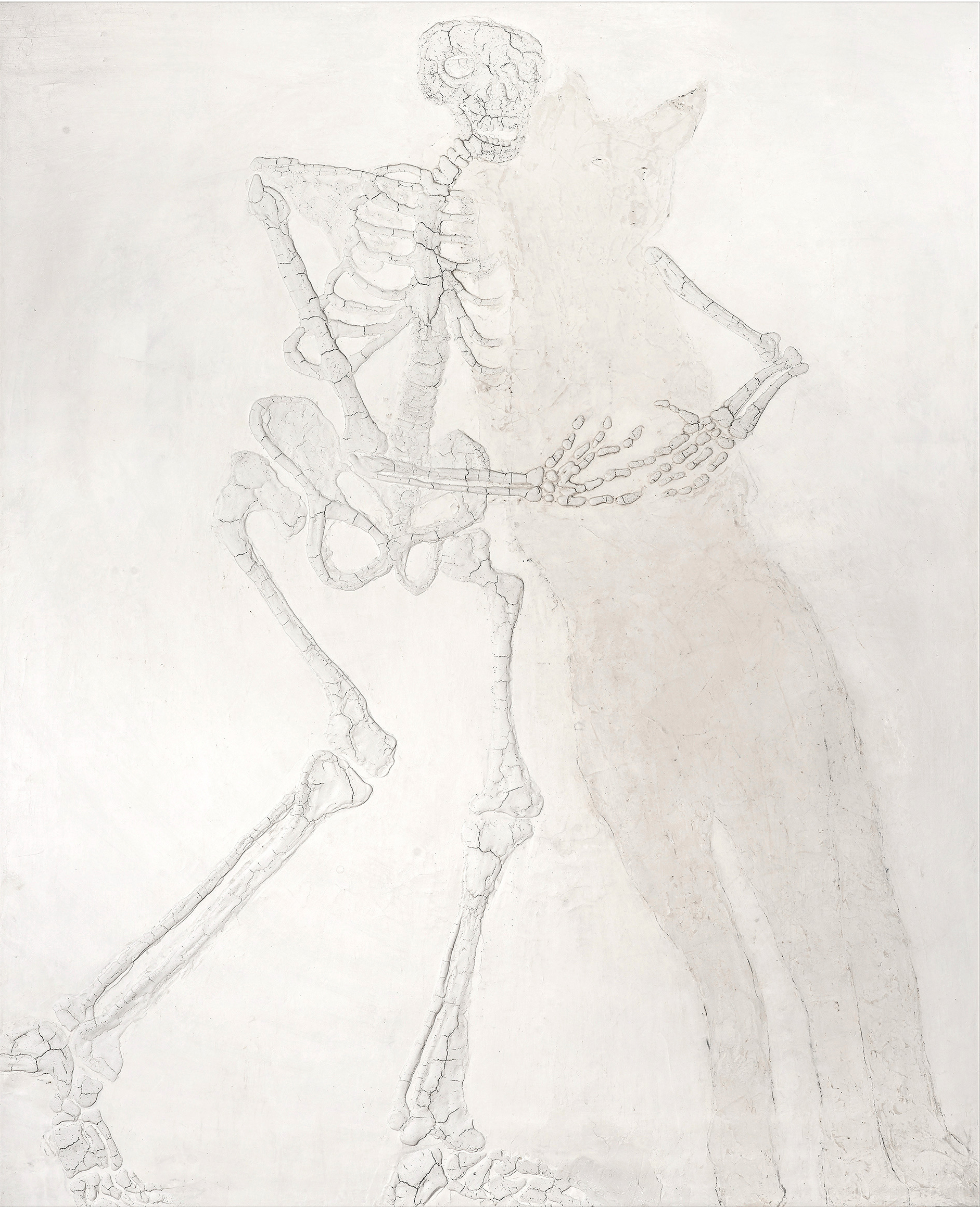 A drawing of a skeleton and a woman