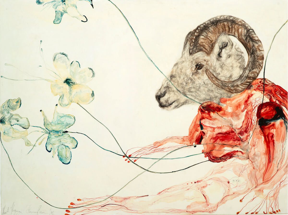 Fine art painting of a hybrid ram human from Grant Hayunga's Flowers and Blossoms Series