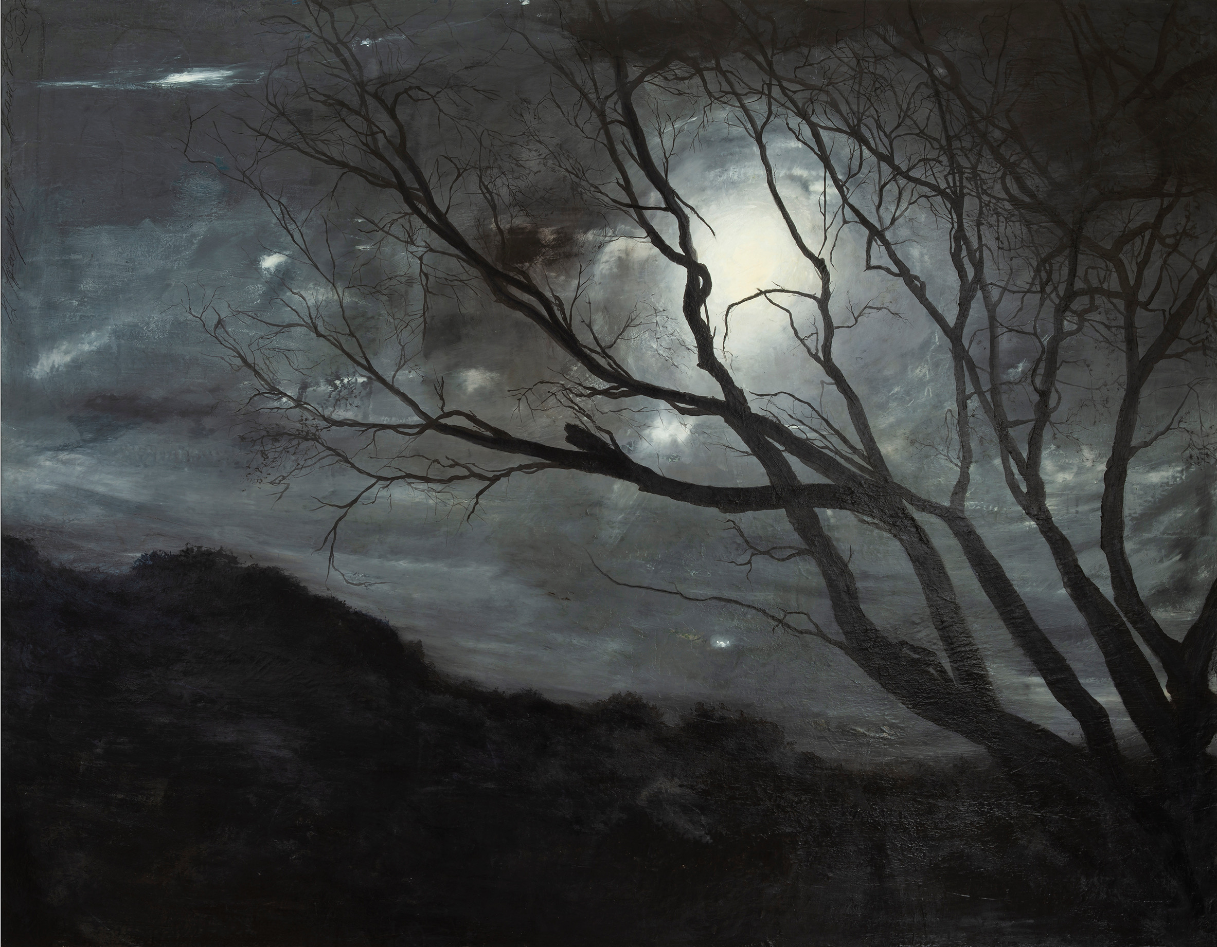 A painting of the moon and trees in the dark.