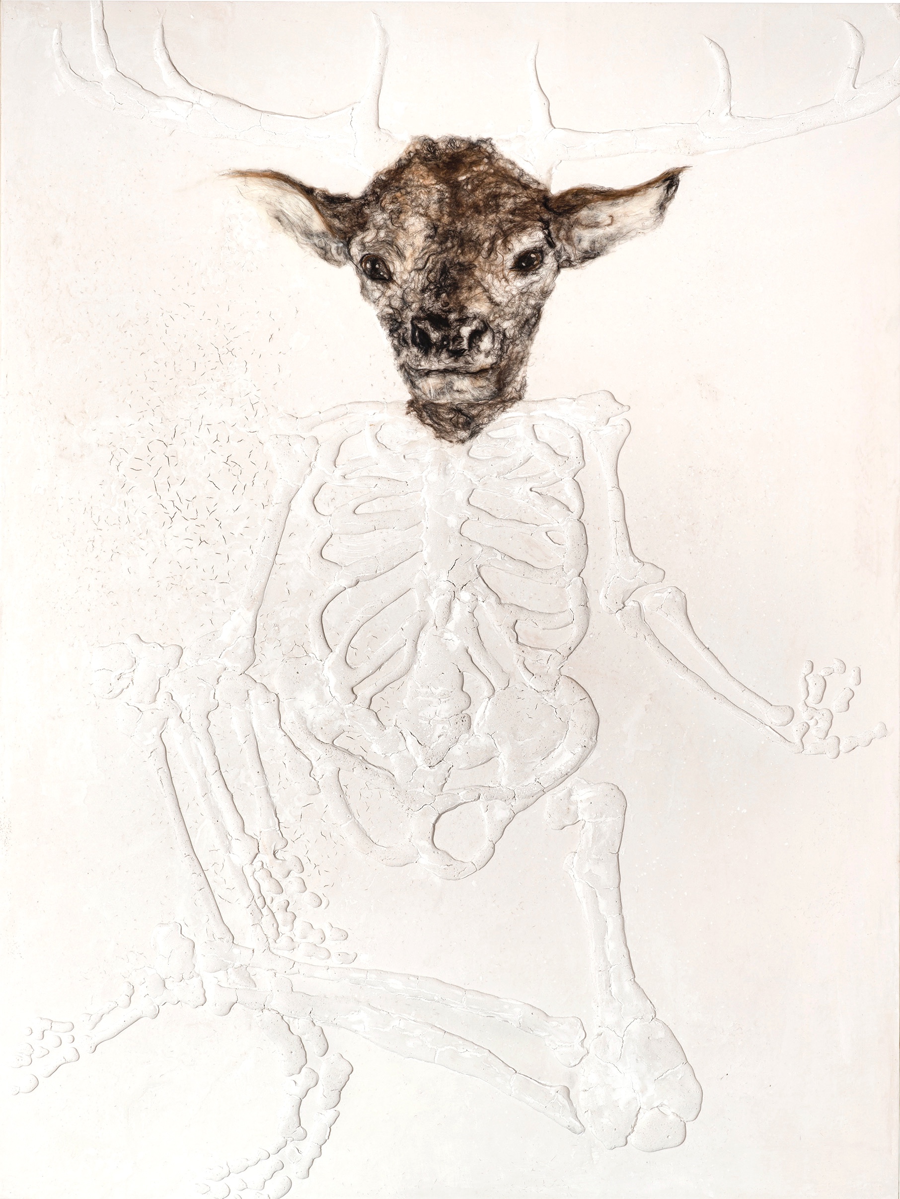 A drawing of a baby cow with its head stuck in the skeleton.