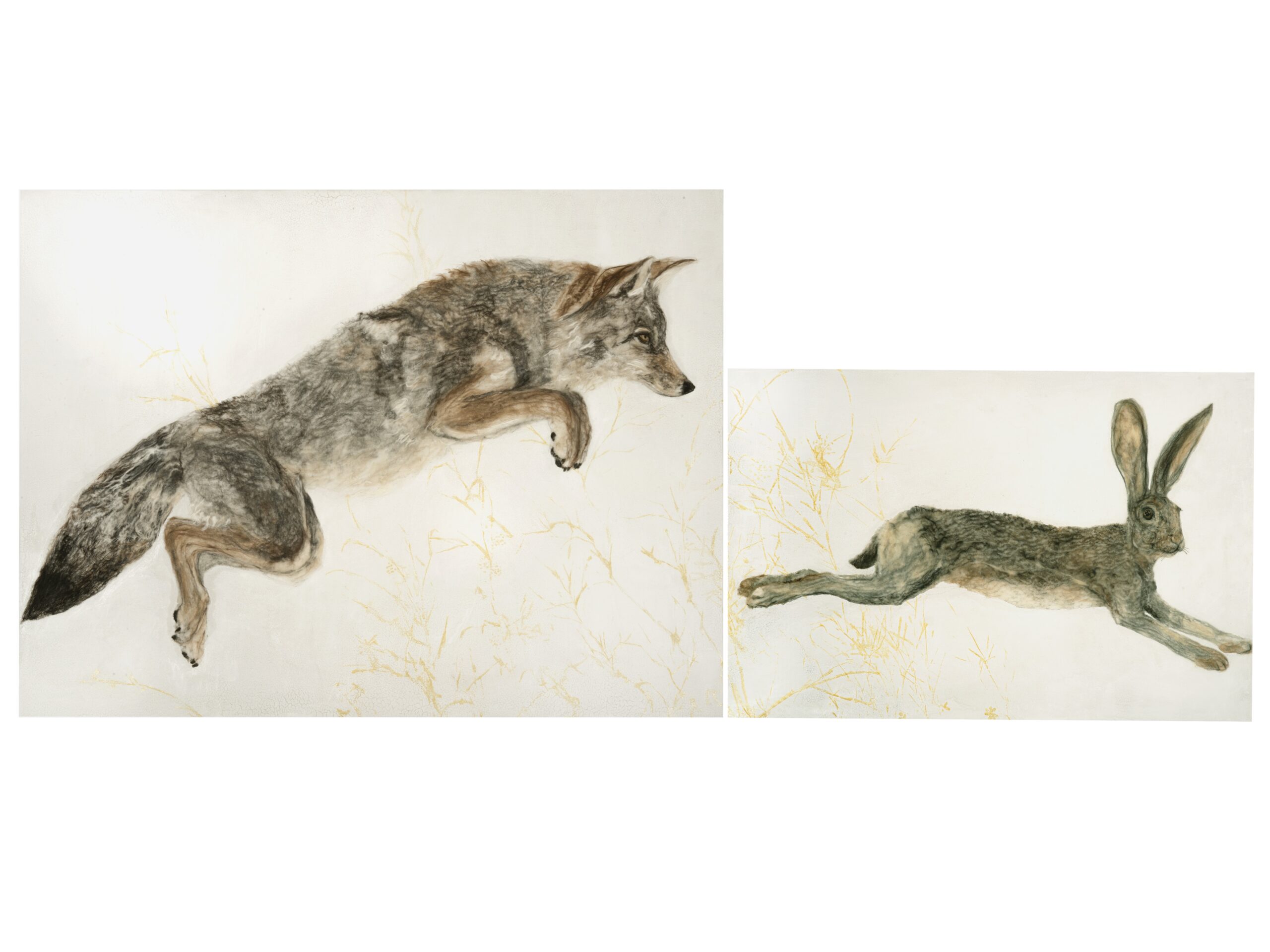 Two paintings of a dog laying on its back