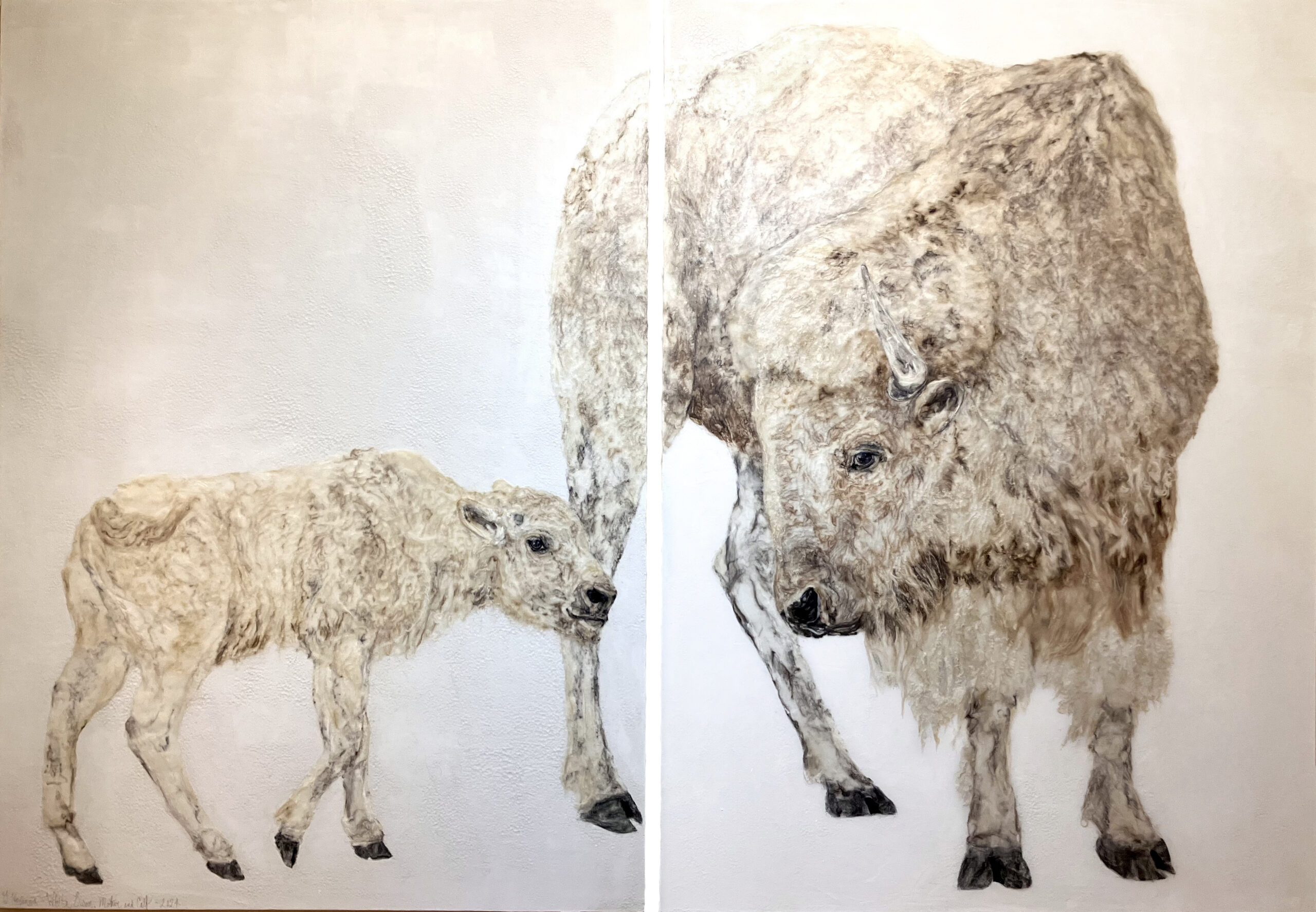 A painting of two sheep with one calf