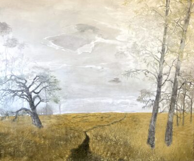 A serene landscape with golden fields and tall trees under a cloudy sky.