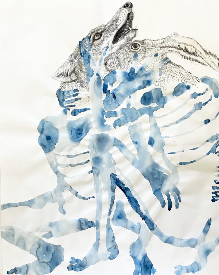 Abstract blue and gray watercolor painting of a human figure with dynamic brushstrokes.